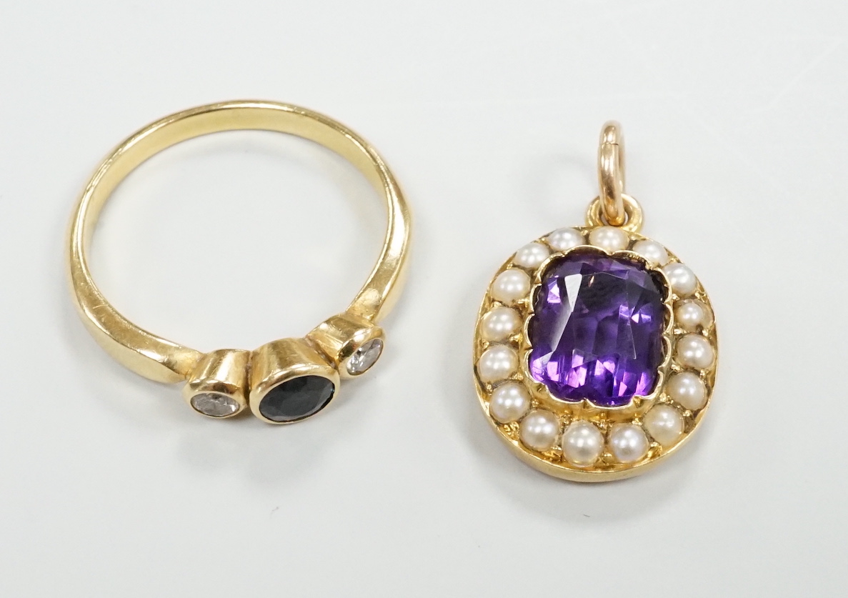 A yellow metal, sapphire and diamond set three stone ring, size O/P and a yellow metal, amethyst and seed pearl set pendant, gross weight 6.8 grams.